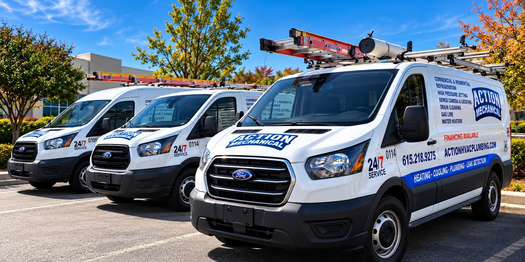 Three Action Mechanical service vans parked outside the shop in La Vergne
