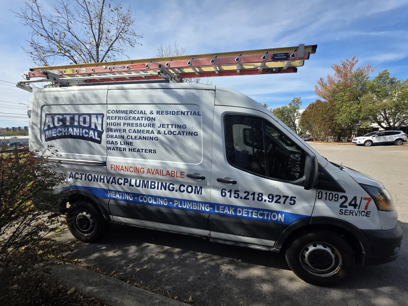 Action Mechanical van listing drain cleaning, sewer camera, jetting, gas line and water heater services